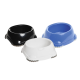 Three pet food bowls in black, white, and blue, featuring a non-slip base and a rounded design.