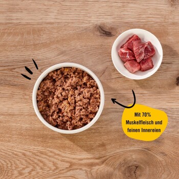 Schüssel mit Haustierfutter mit 70% Muskelfleisch und feinen Innereien, neben einer kleinen Schüssel mit rohen Fleischwürfeln, auf einer Holzoberfläche.