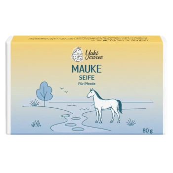Seifenverpackung mit der Aufschrift "mauke SEIFE" zur Behandlung von Mauke, mit Anweisungen auf Deutsch und Yuki Cares-Logo, 80g.