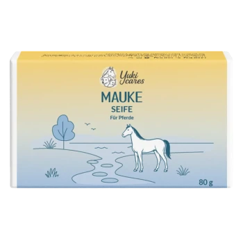 Seifenverpackung mit der Aufschrift "mauke SEIFE" zur Behandlung von Mauke, mit Anweisungen auf Deutsch und Yuki Cares-Logo, 80g.