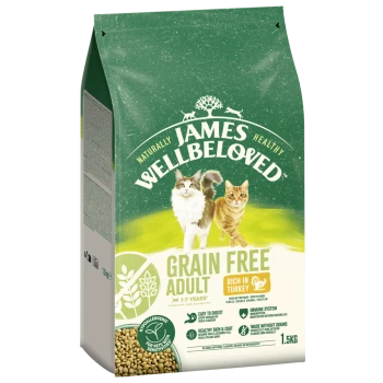 1.5kg bag of James Wellbeloved Grain Free cat food, featuring a white and ginger cat with highlights: "Turkey," "Digestible," "Healthy Skin."