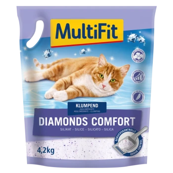 Eine Tüte MultiFit Diamonds Comfort Katzenstreu mit einer entspannten orangefarbenen Tabbykatze auf der Vorderseite, mit Text, der Klumpenbildung und Geruchskontrolle hervorhebt.