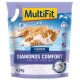Een zak MultiFit Diamonds Comfort kattenbakvulling met een ontspannen oranje tabby kat op de voorkant, met tekst die clumping en geurcontrole benadrukt.