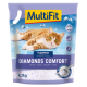 Een zak MultiFit Diamonds Comfort kattenbakvulling met een ontspannen oranje tabby kat op de voorkant, met tekst die clumping en geurcontrole benadrukt.