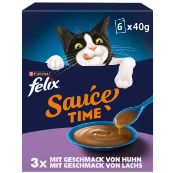 Purina Felix 'Sauce Time'-Schachtel mit einer schwarz-weißen leckenden Katze, einer Soßenschale, der Angabe '6x40g' und deutschem Geschmackstext.