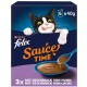 Purina Felix 'Sauce Time'-Schachtel mit einer schwarz-weißen leckenden Katze, einer Soßenschale, der Angabe '6x40g' und deutschem Geschmackstext.