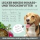 Ein glücklicher Beagle mit herausgestreckter Zunge neben einer Schüssel mit Haustierfutter, mit minzigem Geschmack und Dosierungsanweisungen für 3 Monate.