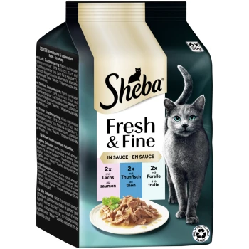 Sheba Fresh & Fine Katzenfutterverpackung mit einem Teller mit Nassfutter, das Lachs, Thunfisch und Forelle enthält, sowie einer Katzensilhouette.