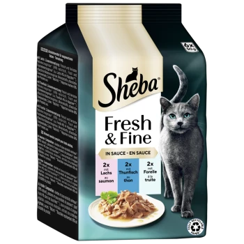 Sheba Fresh & Fine Katzenfutterverpackung mit einem Teller mit Nassfutter, das Lachs, Thunfisch und Forelle enthält, sowie einer Katzensilhouette.