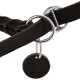 Nahaufnahme eines schwarzen geflochtenen Hundegeschirrs mit silbernen Metallringen und einem runden Anhänger mit einer Hundesilhouette.