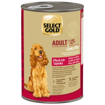 Select Gold Adult Sensitive Hundefutterdose mit Pferde- und Tapiokageschmack, mit Bild eines Golden Retrievers und Text in mehreren Sprachen.