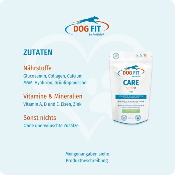 DOG FIT CARE Senior große Tüte mit deutschem Text: ZUTATEN; Nährstoffe; Vitamine & Mineralien; Sonst nichts.