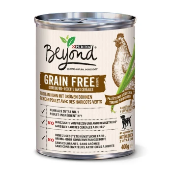 Dose von Purina Beyond Grain Free Hundefutter, mit Hühnchen und grünen Bohnen, mit Text, der natürliche Zutaten und keine künstlichen Zusatzstoffe hervorhebt.