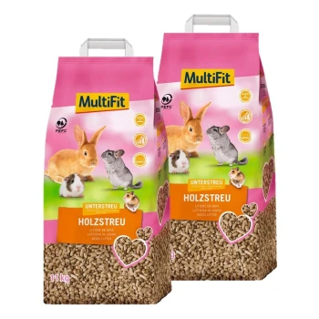 Zwei Säcke MultiFit Holzstreu für kleine Haustiere, mit einem Kaninchen, Meerschweinchen, Hamster und Chinchilla auf der Verpackung. Jeder Sack wiegt 11kg.