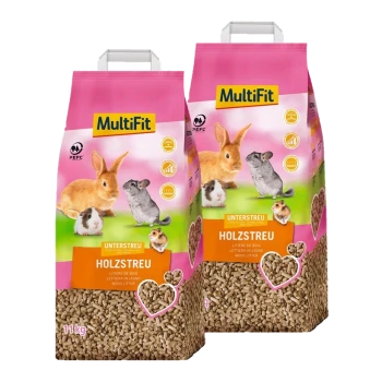 Zwei Säcke MultiFit Holzstreu für kleine Haustiere, mit einem Kaninchen, Meerschweinchen, Hamster und Chinchilla auf der Verpackung. Jeder Sack wiegt 11kg.