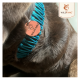 Nahaufnahme des Halses eines braunen Hundes mit einem türkisfarbenen Paracord-Halsband und einem runden Anhänger, der mit "WILDFANG" graviert ist.