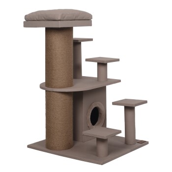 Katzenbaum mit einem plüschigen oberen Platz, mehreren Plattformen, einem Kratzbaum und einem gemütlichen Versteck, alles in neutralen Tönen.