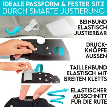 Haustierkleidung mit verstellbaren Funktionen: elastische Bänder, Druckknöpfe und Schwanzausschnitt. Deutscher Text hebt wichtige Anpassungen hervor.