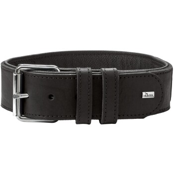 Schwarzes Lederhundehalsband mit einer silbernen Schnalle und einem kleinen "HUNTER"-Logo.