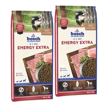 Zwei Taschen Bosch Energy Extra Hundefutter, jeweils 15 kg, mit einem Hund auf der Vorderseite, mit Nährwertangaben einschließlich 27% Protein und 26% Fett.