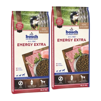 Zwei Taschen Bosch Energy Extra Hundefutter, jeweils 15 kg, mit einem Hund auf der Vorderseite, mit Nährwertangaben einschließlich 27% Protein und 26% Fett.