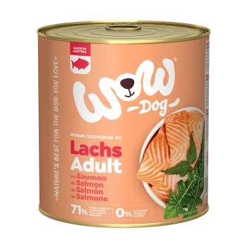 Dose WOW Hundefutter mit Lachs, beschriftet mit "Lachs Adult", mit 71% Fischgehalt, glutenfrei und in Österreich hergestellt.