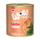 Dose WOW Hundefutter mit Lachs, beschriftet mit "Lachs Adult", mit 71% Fischgehalt, glutenfrei und in Österreich hergestellt.