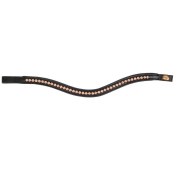 Schwarzes Lederhalsband für Hunde mit einem geschwungenen Design, das eine Reihe von funkelnden roségoldenen Nieten in der Mitte aufweist.