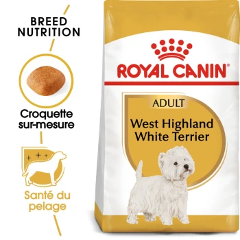 Sac de nourriture pour chiens Royal Canin pour Terriers West Highland White, présentant une image de terrier blanc, avec un texte mettant en avant la nutrition de la race et la santé du pelage.