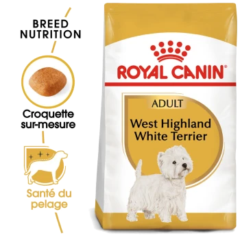 Sac de nourriture pour chiens Royal Canin pour Terriers West Highland White, présentant une image de terrier blanc, avec un texte mettant en avant la nutrition de la race et la santé du pelage.