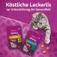 Eine verspielte graue getigerte Katze greift nach zwei Whiskas-Leckerlipackungen, die mit 'Pflegen & Umsorgen' und 'Jagen & Spielen' beschriftet sind, vor einem lila Hintergrund.