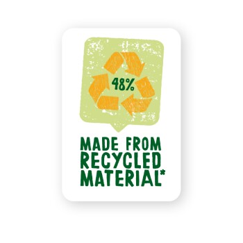 Label stating "Made from recycled material*" with a green recycling symbol and "48%" in orange, on a white background.