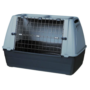 Grau-schwarze Haustiertrage mit einer Metallgitterfronttür, entworfen für den sicheren Transport von kleinen Tieren.