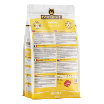 Wolfsblut VetLine Urinary Haustierfutterbeutel, 2 kg, mit Nährwertinformationen und Zutaten in mehreren Sprachen.