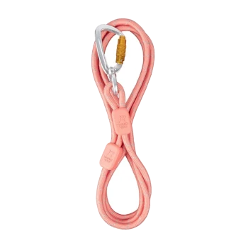 Eine pinke Haustierleine mit einem silbernen Karabinerclip, mit einem geflochtenen Design und Gummigriffen für Komfort.