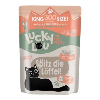 Nassfutter Katze Adult Geflügel und Kaninchen 6x300 g Beutel mit Lucky Lou Katzenfutter für Erwachsene, mit Geflügel und Kaninchen sowie Apfel, getreidefrei, ohne Zuckerzusatz, hergestellt in Deutschland.