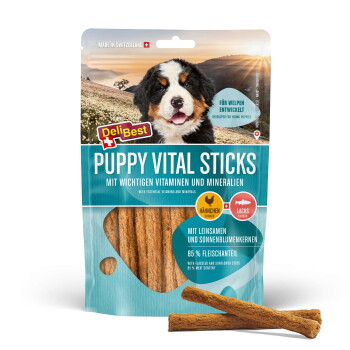 DeliBest PUPPY VITAL STICKS Tüte mit Berner Welpe, beschriftet PUPPY VITAL STICKS und 85% Fleischanteil