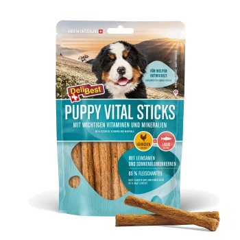 DeliBest PUPPY VITAL STICKS Tüte mit Berner Welpe, beschriftet PUPPY VITAL STICKS und 85% Fleischanteil
