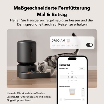 Grauer automatischer Futterspender für Haustiere mit einer Katze, die frisst, und einem Smartphone, das die Fütterungszeitpläne auf Deutsch anzeigt.
