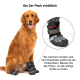 Golden Retriever in Hundeschuhen, Nahaufnahme eines Schuhs. Text: 'Erhältlich im 2er-Pack' und 'Einige Hunde haben größere Hinterpfoten.'