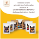 WILD FANG Haustiersnacks-Display mit sieben getreidefreien funktionalen Sorten für die Gesundheit von Hunden, mit Verpackung und Werbetext auf Deutsch.