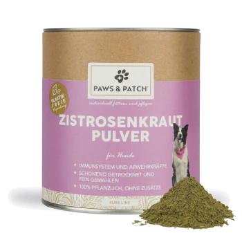 Dose von Paws & Patch Zistrosenkrautpulver (Kräuterpulver) für Hunde, rosa Etikett mit Hundefoto und Haufen grünem Pulver.