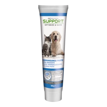Tube de pâte apaisante PetBalance Support pour animaux, avec un chien et un chat sur le devant, étiqueté en allemand, français et italien.
