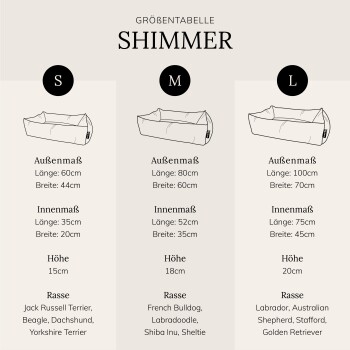 Größentabelle für "Shimmer" Haustierbetten, die die Maße für kleine, mittlere und große Größen sowie empfohlene Hunderassen auflistet.