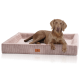 Ein brauner Hund entspannt sich auf einem plüschigen, rosa Hundebett mit erhöhten Rändern, ausgestattet mit einem Lederetikett mit einem Hundelogo.