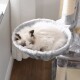Eine flauschige weiße Katze mit braunen Flecken schläft friedlich in einem weichen, grauen Haustierbett, das an einem Katzenbaum befestigt ist.