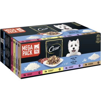 Mega Pack Portionsbeutel Senior 10+ in Gelee 4 Varietäten 40x100g Cesar Mega Pack Hundefutter, 40 x 100g, mit Mahlzeiten für ältere Hunde in Gelee. Enthält Geschmäcker mit Rind, Huhn und Reis.