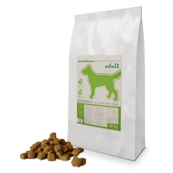 Hundefutterbeutel mit der Aufschrift "Montanus Adult" mit einer grünen Hundesilhouette und "Vollnahrung - für normal aktive Hunde" neben Trockenfutter.