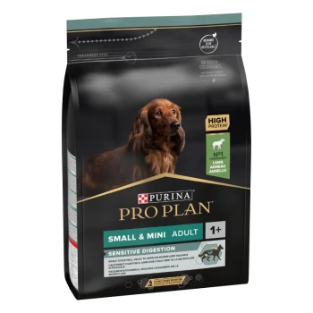 Purina Pro Plan Small & Mini Adult Hundefuttertüte, gekennzeichnet für empfindliche Verdauung, mit hohem Proteinanteil und Lamm als Hauptzutat.