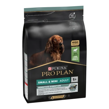 Purina Pro Plan Small & Mini Adult Hundefuttertüte, gekennzeichnet für empfindliche Verdauung, mit hohem Proteinanteil und Lamm als Hauptzutat.